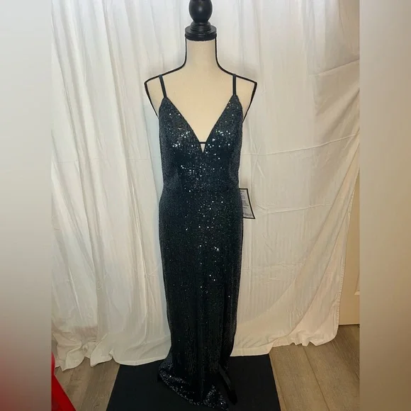 prom dress speechless Speechless Womens Blue Stretch Sequined Zippered Spaghetti Strap V Neck Full-Length Evening Body Con Dress 9